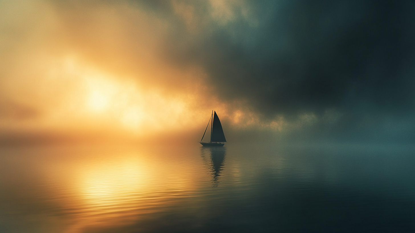 Lone sailboat on calm water